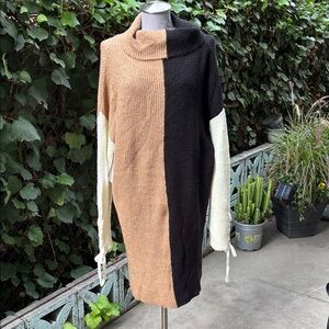 Colorblock Cowl Neck Midi Sweater Dress L/XL